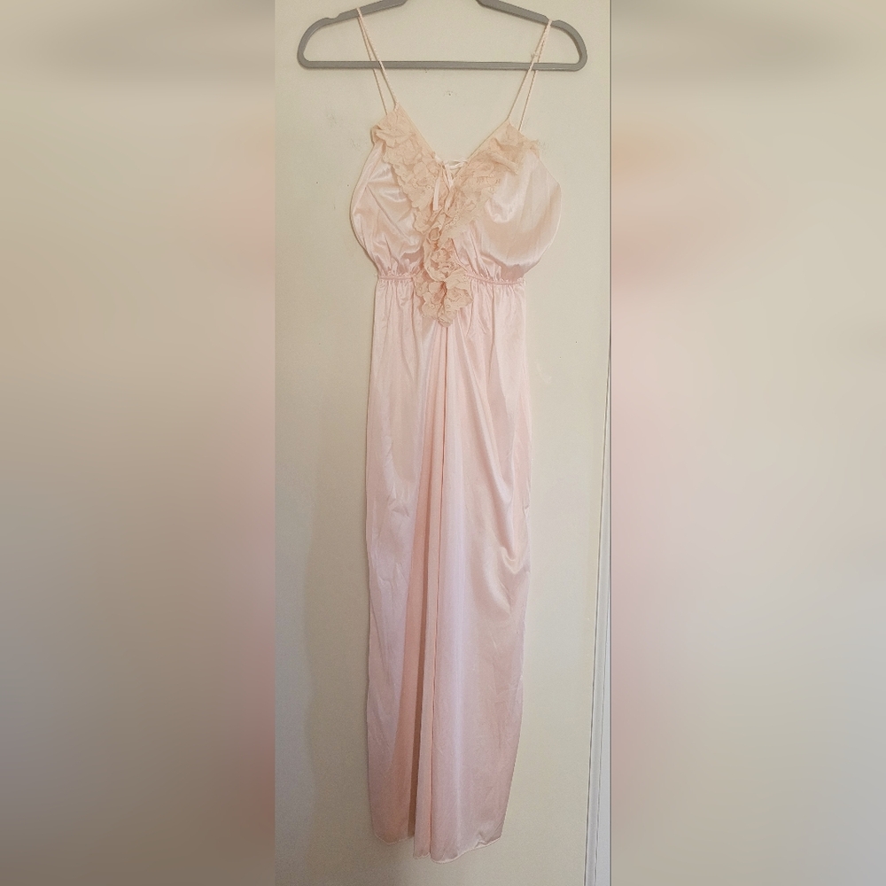 Vintage Pink Maxi Slip Dress Small Nylon 60s Ruffle Lace Backless Lingerie Glam